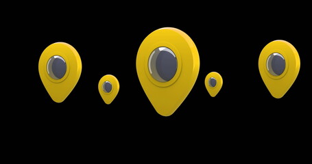 Wall Mural - digital image of yellow map pins moving in the screen against a black background 4k