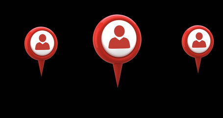 Wall Mural - digital image of red map pins with profile icon in the middle hovering against the black screen 4k