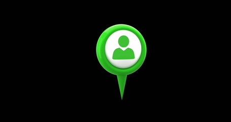 Wall Mural - digital image of a green map pin with a profile icon in the middle moving against a black background