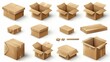 An empty cardboard box mockup set isolated on a white background. Modern realistic illustration of a 3D carton package for shipments, mail delivery, and parcels with a blank surface for packaging