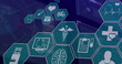 Image of medical icons over data processing on black background