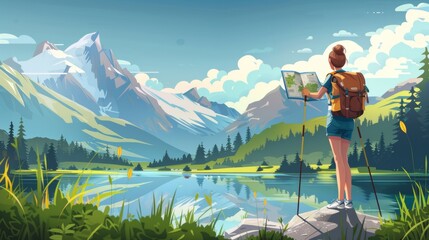 An active and adventurous female tourist holds a backpack and a map while standing at the foot of the mountains. Cartoon modern summer landscape of a woman hiking with her backpack at the foot of the