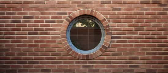 Poster - A rectangular brick wall features a symmetrical round window in the middle. The circular fixture contrasts with the angular brickwork, creating a unique facade