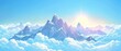 Rock mounts on top of high rocky peaks. Snowy stone hilltop above haze against blue sky with bright sun. Cartoon modern illustration of panoramic aerial landscape.