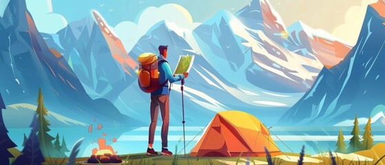 Wall Mural - Cartoon landscape with hiking backpack and map in hands of a tourist as he stands by lake at bottom of mountains with snowy peaks near tent with campfire. Cartoon landscape with young hiking hiker