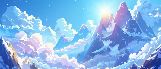 Wall Mural - Mountain landscape with clouds in an anime style. Bright sunlight flare glistening in blue sky, frosty air, and snowy peaks covered in snow.