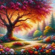 Elegant painting of a tree with colorful flowers in the autumn season paint wall art decor, Oil color painting illustration background - Generative AI