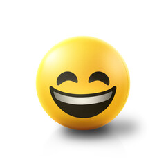 Grinning and laughing happy Emoji stress ball on shiny floor. 3D emoticon isolated.