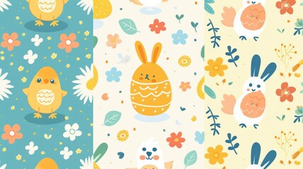 Sticker - The Easter season is repeated in fabric pattern for prints, wallpaper, covers, packaging, kids, ads, fabrics. This design is a seamless pattern with easter eggs, flowers, rabbits, chicks and spring