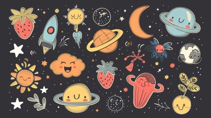 Wall Mural - Modern set of funky hippie cartoon elements. Cartoon characters, doodle smile face, spaceship, tomato, moon, melody.