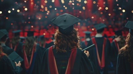 a group of graduated students standing in the final orientation hall holding diplomas wearing degree hats and gowns, Graduation ceremony concept, Back view