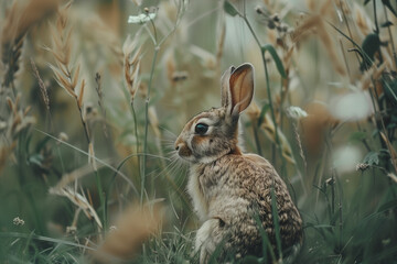 Wall Mural - small rabbit on the grass. scene of wildlife