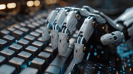 Fototapete - Robotic hand typing on a keyboard, symbolizing AI development. Perfect for innovation and technology themes