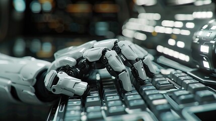 Fototapete - Robotic hand typing on a keyboard, symbolizing AI development. Perfect for innovation and technology themes