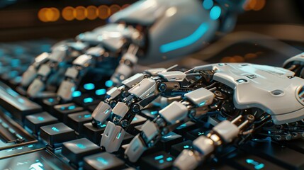 Fototapete - Robotic hand typing on a keyboard, symbolizing AI development. Perfect for innovation and technology themes