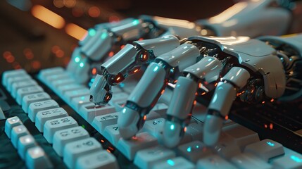 Fototapete - Robotic hand typing on a keyboard, symbolizing AI development. Perfect for innovation and technology themes