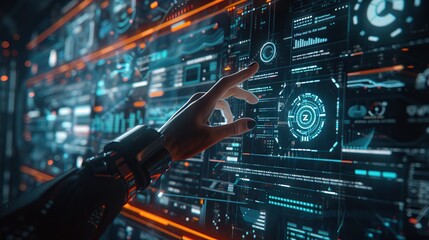 Fototapete - Futuristic AI assistant hologram with detailed icons. Captures advanced tech assistance and user interaction