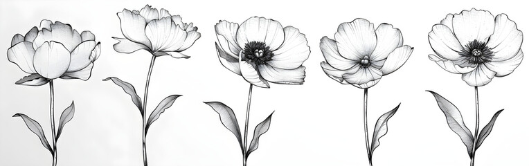 Wall Mural - Peony flowers isolated illustration for minimalist art set, perfect for decor, wallpaper, or print.