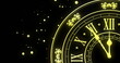 Image of clock showing midnight and fireworks exploding on black background