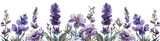 Seamless border of tender watercolor lavender flowers on white background, perfect for wedding invitations and stationery