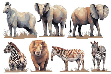 Wall Mural - elephant style illustration zebra giraffe 3d hippopotamus Isolated Set rhinoceros vector lion