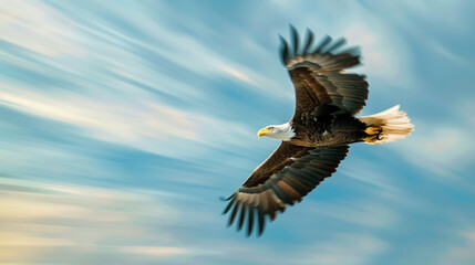  the movement of an eagle flying fast in the blue sky. Eagles fly powerfully, their wings spread wide in the air, Ai Generated images