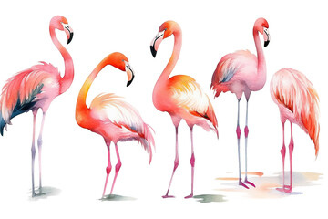 Wall Mural - illustration Isolated watercolor random drawn flamingos Set hand