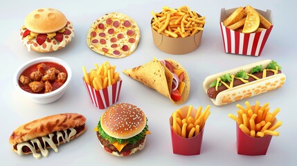 A realistic 3D render vector icon collection of fast food. Pizza, tacos, burgers, fries, potatoes, hot dogs, popcorn, and chicken legs are some of the food items.