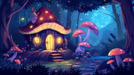 There is a fairy wooden house with mushrooms at night. A cute tiny fantasy house made of tree stumps in the middle of a dark forest. Cartoon scene with gnomes or elves in wood.