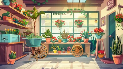 Poster - Cartoon modern illustration of interior of florist store with window, cashier, garland, and plants in pots and vases on wooden racks and shelves.