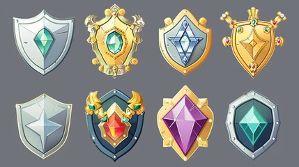 Wall Mural - A medieval medallion with gems of varying complexity for a rpg award for achievement. Cartoon modern of silver and golden jewelry with a diamond emblem for games.