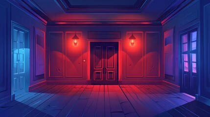 Wall Mural - Room with door and window at night. Cartoon modern illustration of an empty chamber interior with red lights on the ceiling. Dark house or office interior with spotlight.