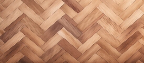 Sticker - A close up of a hardwood floor in a herringbone pattern, showcasing shades of brown, amber, and beige. The rectangleshaped wood planks have a beautiful wood stain finish