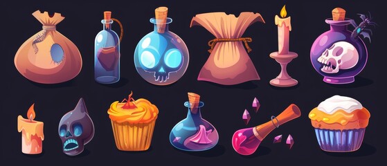 Wall Mural - Isolated set of magic game assets with black background. Old sack, bird skull, poison bottle, mirror portal, candle, muffin with spooky eyeball, Halloween design elements included.