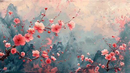 Canvas Print - This template modern shows a cherry blossom pattern with a grunge texture and a landscape background.