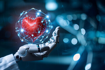 Wall Mural - Medicine robot doctor holding red heart shape in hand with medical icon network connection modern virtual screen interface, service mind and medical technology network concept
