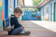 © Robert Kneschke - Sad young boy sitting alone with a backpack at school playground