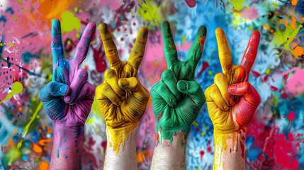 Picture of five hands holding up two fingers, bright colors, with colors on the background.