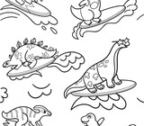 Fototapeta Dinusie - Black and white surfing Dino Team seamless pattern, colouring print