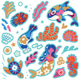 Fototapeta Dinusie - Sticker collection of wonderful whimsical ocean creatures. Vector illustration