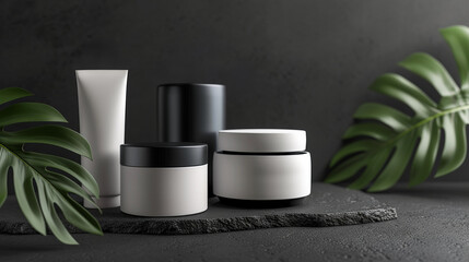 Wall Mural - white and black cosmetic cosmetic skincare products. Shampoo, oil, butter, and conditioner. Realistic cosmetics product bottles, tubes, and plastic containers. Product placement mock-up