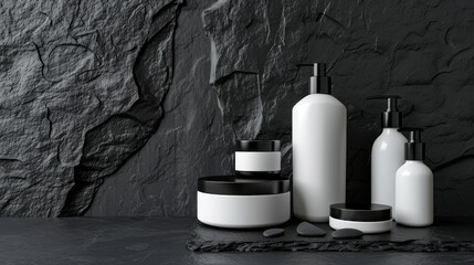 Wall Mural - white and black cosmetic cosmetic skincare products. Shampoo, oil, butter, and conditioner. Realistic cosmetics product bottles, tubes, and plastic containers. Product placement mock-up