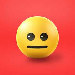 Neutral and emotionless Emoji stress ball on shiny floor. 3D emoticon isolated.