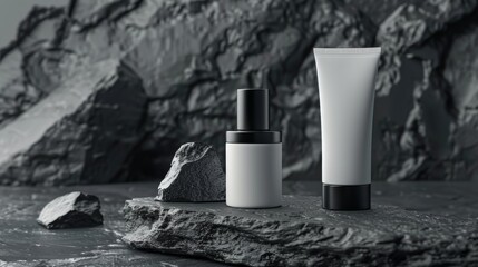 Wall Mural - white and black cosmetic cosmetic skincare products. Shampoo, oil, butter, and conditioner. Realistic cosmetics product bottles, tubes, and plastic containers. Product placement mock-up