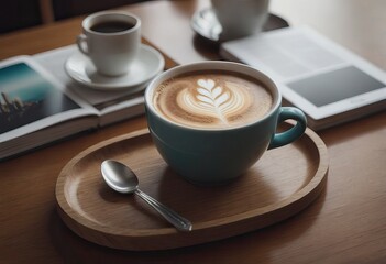 cup of hot coffee and tea on wood table besides window