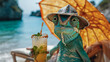 A Chameleon in human clothes lies on a sunbathe on the beach, on a sun lounger, under a bright sun umbrella, drinks a mojito with ice from a glass glass with a straw, smiles, summer tones, bright rich