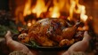 Roasted Turkey in Hands by Fireplace