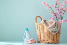 Laundry Basket With Clothes And Laundry Detergent On Blue Pastel Background.