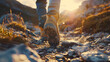 Hiker’s Boots on Mountain Trail at Sunset. a close-up shot of their left foot from the ground. a cinematic photo of a scene of a hiker hiking