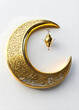 Glossy yellow 3d crescent moon realistic style rendering. golden crescent moon isolated on a white background. Vector illustration